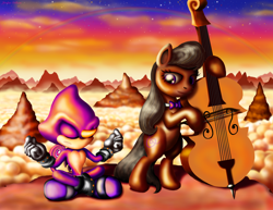 Size: 2520x1947 | Tagged: safe, artist:jac59col, espio the chameleon, cello, chameleon, cloud, crossover, eyes closed, female, frown, legs crossed, looking at them, male, meditation, mountain, mountain range, musical instrument, my little pony, octavia melody, outdoors, pony, rainbow, sitting, smile, standing, star (sky)