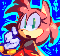 Size: 790x734 | Tagged: safe, artist:oichum, amy rose, hedgehog, 2026, blue background, eyelashes, female, looking at viewer, mouth open, signature, simple background, solo female