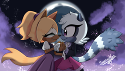 Size: 3849x2181 | Tagged: safe, artist:serenadreamms, tangle the lemur, whisper the wolf, 2025, amity (the owl house), clouds, dancing, dress, duo, duo female, female, holding hands, lesbian, lumity (the owl house), luz (the owl house), moon, nighttime, shipping, signature, smile, star (sky), tangle x whisper, the owl house
