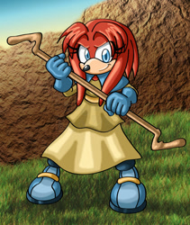 Size: 800x950 | Tagged: safe, artist:bellseashell, mari-an, echidna, 2014, daytime, female, grass, holding something, looking at viewer, low res, pose, redesign, smile, smiling at viewer, solo, watermark, weapon