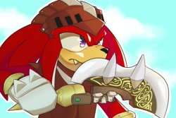 Size: 2048x1371 | Tagged: safe, artist:wonuwu_717, knuckles the echidna, echidna, 31 days sonic, sonic and the black knight, 2022, clouds, frown, holding something, knight armor, looking at each other, male, one fang, sir gawain, solo, solo male, weapon