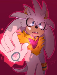 Size: 1536x2048 | Tagged: safe, artist:wonuwu_717, silver the hedgehog, hedgehog, 31 days sonic, sonic forces, 2022, alternate eye color, alternate universe, blue eyes, ear fluff, gradient background, looking at viewer, male, mouth open, neck fluff, outline, phantom ruby, reaching out, reaching towards the viewer, signature, solo, solo male, standing