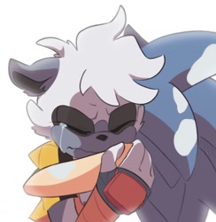 Size: 1305x1338 | Tagged: safe, artist:wonuwu_717, sonic the hedgehog, tangle the lemur, hedgehog, lemur, 31 days sonic, 2022, crying, duo, duo male and female, ear fluff, eyes closed, female, floppy ears, frown, male, not shipping, sad, simple background, tears, tears of sadness, white background, zombot, zombot transformation
