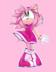 Size: 1280x1642 | Tagged: safe, artist:animepianistgirl, amy rose, hedgehog, 2025, amybetes, cute, dress, eye clipping through hair, female, outline, pink background, simple background, smile, solo, solo female, standing