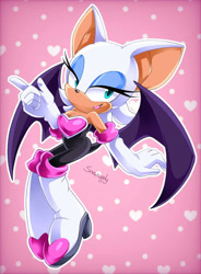 Size: 1024x1393 | Tagged: safe, artist:snowsupply, rouge the bat, bat, 2017, eyelashes, female, gradient background, heart, lidded eyes, looking at viewer, outline, signature, smile, solo, solo female