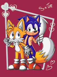 Size: 1242x1671 | Tagged: safe, artist:tenma_va, miles "tails" prower, sonic the hedgehog, fox, hedgehog, 2026, cute, duo, duo male, ear fluff, gay, heart, heart tail, holding hands, male, outline, shipping, smile, sonabetes, sonic x tails, standing, tailabetes