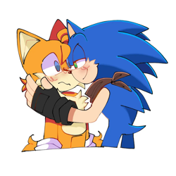 Size: 800x800 | Tagged: safe, artist:txilsprowerdibujos2, miles "tails" prower, sonic the hedgehog, fox, hedgehog, 2026, bandana, blushing, duo, duo male, fingerless gloves, frown, gay, hand on cheek, lidded eyes, looking at each other, male, shipping, simple background, smile, sonic x tails, standing, white background