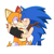 Size: 800x800 | Tagged: safe, artist:txilsprowerdibujos2, miles "tails" prower, sonic the hedgehog, fox, hedgehog, 2026, bandana, blushing, duo, duo male, fingerless gloves, frown, gay, hand on cheek, lidded eyes, looking at each other, male, shipping, simple background, smile, sonic x tails, standing, white background