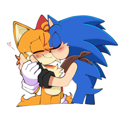Size: 800x800 | Tagged: safe, artist:txilsprowerdibujos2, miles "tails" prower, sonic the hedgehog, 2026, bandana, blushing, cute, duo, duo male, eyes closed, fingerless gloves, gay, hand on cheek, heart, male, shipping, smile, sonabetes, sonic x tails, standing, tailabetes