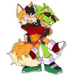 Size: 800x800 | Tagged: safe, artist:txilsprowerdibujos2, miles (anti-mobius), scourge the hedgehog, fox, hedgehog, 2026, carrying them, duo, duo male, fingerless gloves, frown, gay, hoodie, looking at each other, male, one eye closed, scouriles, shipping, simple background, spiked bracelet, white background