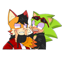 Size: 800x800 | Tagged: safe, artist:txilsprowerdibujos2, miles (anti-mobius), scourge the hedgehog, fox, hedgehog, 2026, blushing, duo, duo male, eye twitch, gay, hand on face, hand under chin, looking at each other, male, scouriles, shipping, simple background, tongue out, white background