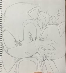 Size: 800x885 | Tagged: safe, artist:shoppaaaa, miles "tails" prower, sonic the hedgehog, fox, hedgehog, 2026, blushing, chu, duo, duo male, eyes closed, gay, heart, kiss, kiss on cheek, line art, looking at them, male, monochrome, open smile, shipping, signature, sonic x tails, traditional media