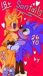 Size: 1080x1920 | Tagged: safe, artist:dontron6969, miles "tails" prower, sonic the hedgehog, 2026, aged up, blue shoes, blushing, blushing ears, duo, english text, gay, lifting them, looking at each other, red background, ship name, shipping, signature, simple background, smile, sonic x tails, standing, text, wagging tail
