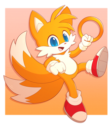 Size: 1800x2000 | Tagged: safe, artist:usv02, miles "tails" prower, absurd res, border, cute, gradient background, holding something, mouth open, open smile, ring, smile, solo, standing, standing on one leg, tailabetes, treads, unknown date