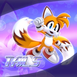 Size: 2048x2048 | Tagged: safe, artist:tailbiscuits, miles "tails" prower, 2026, 3d, character name, echo background, english text, fangs, fur markings, looking at viewer, mid-air, mouth open, open smile, outline, redesign, smile, solo, text