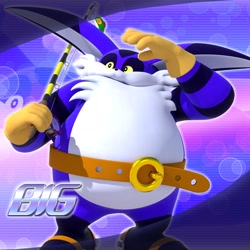 Size: 2048x2048 | Tagged: safe, artist:tailbiscuits, big the cat, 2026, 3d, character name, echo background, english text, fishing pole, holding something, looking offscreen, mid-air, outline, smile, solo, text