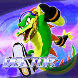 Size: 2048x2048 | Tagged: safe, artist:tailbiscuits, vector the crocodile, 2026, 3d, character name, echo background, english text, fangs, fingerless gloves, gloves, headphones, mid-air, mouth open, open smile, outline, sharp teeth, solo, text, treads