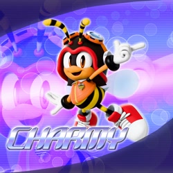 Size: 2048x2048 | Tagged: safe, artist:tailbiscuits, charmy bee, 2026, 3d, character name, cursed, echo background, english text, looking at viewer, mid-air, mouth open, no nose, open smile, outline, solo, text