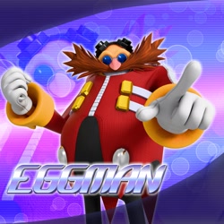 Size: 2048x2048 | Tagged: safe, artist:tailbiscuits, robotnik, human, 2026, 3d, character name, clenched fist, echo background, english text, looking at viewer, mid-air, outline, pointing, smile, solo, text