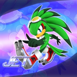 Size: 2048x2048 | Tagged: safe, artist:tailbiscuits, jet the hawk, 2026, 3d, alternate outfit, boots, character name, echo background, english text, fur markings, gloves off, looking at viewer, mid-air, outline, pointing, solo, text, treads