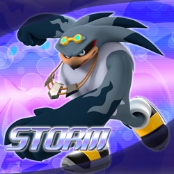 Size: 2048x2048 | Tagged: safe, artist:tailbiscuits, storm the albatross, 2026, 3d, alternate outfit, character name, clenched fists, echo background, english text, fur markings, gloves off, looking at viewer, mid-air, outline, smile, solo, text