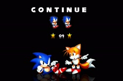 Size: 2048x1348 | Tagged: safe, artist:sleepyman_48, miles "tails" prower, sonic the hedgehog, fox, hedgehog, sonic the hedgehog 2, 2026, black background, classic sonic, classic sonic (universe), classic style, classic tails, continue screen, duo, english text, frown, lineless, male, pointing, redraw, simple background, style emulation, text