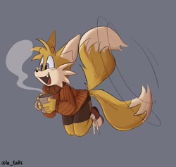 Size: 1200x1139 | Tagged: safe, artist:la_tails, miles "tails" prower, fox, 2026, alternate outfit, clothes, coffee, drink, floating eyebrows, flying, fully clothed, gloves off, grey background, holding something, looking offscreen, male, mid-air, mouth open, mug, one fang, open smile, shoelaces, shoes, shorts, signature, simple background, smile, solo, spinning tails, steam, sweater