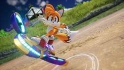 Size: 1920x1080 | Tagged: safe, artist:tailbiscuits, miles "tails" prower, 2026, 3d, arms out, extreme gear, fur markings, redesign, screencap, smile, solo, sonic racing crossworlds