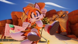 Size: 1920x1080 | Tagged: safe, artist:tailbiscuits, miles "tails" prower, 2026, 3d, billboard, clenched fists, clouds, daytime, fangs, fur markings, mid-air, mouth open, open smile, outdoors, posing, redesign, screencap, smile, solo, sonic racing crossworlds, treads