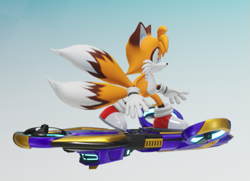 Size: 635x461 | Tagged: safe, artist:tailbiscuits, miles "tails" prower, 2026, 3d, extreme gear, fur markings, gradient background, looking offscreen, redesign, screencap, side view, solo, sonic racing crossworlds