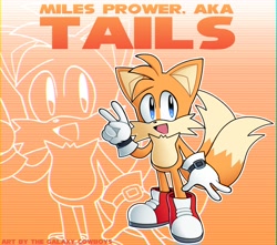 Size: 1700x1500 | Tagged: safe, artist:galaxy_cowboy, miles "tails" prower, 2022, alternate version, character name, echo background, english text, mouth open, open smile, outline, redesign, smile, solo, standing, text, v sign