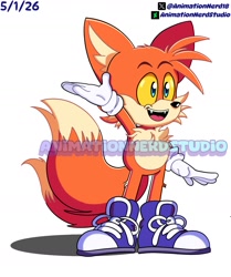 Size: 1429x1712 | Tagged: safe, artist:animationnerd18, miles "tails" prower, 2026, blue shoes, fangs, leg fluff, looking offscreen, mouth open, obtrusive watermark, open smile, redesign, shadow (lighting), shoelaces, shoes, simple background, smile, solo, standing, watermark, white background, yellow sclera