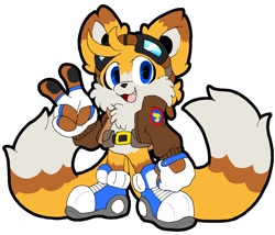 Size: 1280x1094 | Tagged: safe, artist:bizarrexavier, miles "tails" prower, 2025, alternate version, aviator jacket, belt, blue shoes, clothes, cute, eyewear on head, fingerless gloves, flat colors, fluffy, fur markings, gloves, goggles, goggles on head, jacket, looking at viewer, one fang, pawpads, redesign, shoes, simple background, smile, solo, tailabetes, v sign, white background