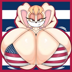 Size: 2000x2000 | Tagged: suggestive, artist:ultshadownsfw, vanilla the rabbit, rabbit, 2026, 4th of july, american flag, anniversary, bikini, bust, busty vanilla, country flag, female, hands behind head, large breasts, looking at viewer, simple background, smile, smiling at viewer, solo
