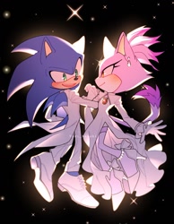Size: 1110x1428 | Tagged: safe, artist:yadi_delulu, blaze the cat, sonic the hedgehog, alternate outfit, dress, shipping, sonaze, suit