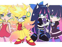 Size: 2048x1536 | Tagged: safe, artist:kanayanga, cat, fox, mobianified, panty anarchy (psg), panty and stocking with garterbelt, stocking anarchy (psg)
