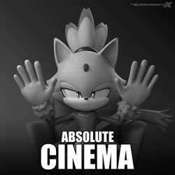 Size: 1200x1200 | Tagged: safe, artist:blazeandfurious, blaze the cat, 2025, 3d, absolute cinema, chair, english text, gradient background, greyscale, lidded eyes, looking at viewer, meme, monochrome, sitting, solo, text
