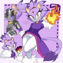 Size: 2046x2048 | Tagged: safe, artist:shadsonline, blaze the cat, sonic and the black knight, the murder of sonic the hedgehog, 2025, fan, fire, fire hand, flame, frown, holding something, looking at viewer, looking offscreen, sir percival, smile, solo, standing, standing on one leg
