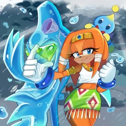 Size: 2048x2048 | Tagged: safe, artist:shadsonline, chaos, cheese (chao), tikal, chao, sonic adventure, 2026, agender, chaos emerald, clouds, female, holding something, lidded eyes, looking at viewer, neutral chao, on head, rain, smile, standing, trio, water