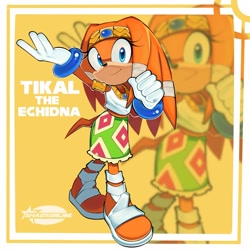 Size: 2048x2048 | Tagged: safe, artist:shadsonline, tikal, 2026, character name, echo background, english text, female, hand up, smile, solo, standing, text