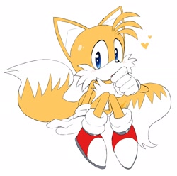 Size: 2048x2035 | Tagged: safe, artist:frogfroggs, miles "tails" prower, 2026, covering mouth, heart, looking at viewer, mouth open, simple background, sitting, solo, white background