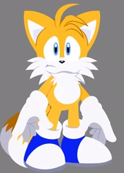 Size: 1471x2048 | Tagged: safe, artist:sonicfastdraw, miles "tails" prower, 2026, blue shoes, frown, grey background, looking offscreen, no outlines, shoes, simple background, solo, standing