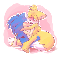 Size: 800x778 | Tagged: suggestive, artist:rexin, miles "tails" prower, sonic the hedgehog, 2016, arm fluff, barefoot, blushing, duo, gay, hugging, kiss, kissing neck, knee fluff, leg fluff, lidded eyes, mouth open, one eye closed, outline, shipping, shoulder fluff, sitting, sonic x tails