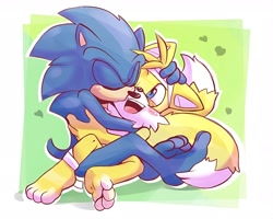 Size: 2048x1638 | Tagged: safe, artist:rexin, miles "tails" prower, sonic the hedgehog, 2017, bandage, barefoot, blushing, duo, eyes closed, gay, gloves off, heart, hugging, injured, kiss, kiss on cheek, looking at them, mouth open, open smile, outline, shipping, sitting, smile, sonic x tails