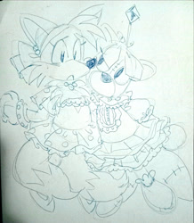 Size: 2048x2353 | Tagged: safe, artist:pespillo, miles "tails" prower, tails doll, 2026, clothes, dress, duo, female, line art, looking at each other, monochrome, mouth open, sketch, traditional media, trans female, trans girl tails, trans tails doll, transgender