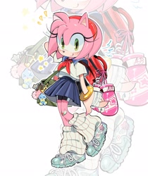 Size: 1720x2048 | Tagged: safe, artist:dokukiui, amy rose, chao, alternate outfit, alternate shoes, boxing gloves, school uniform, sneakers