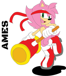 Size: 542x618 | Tagged: safe, artist:ningenartist, amy rose, hedgehog, 2026, character name, english text, flat colors, gender swap, headband, headscarf, holding something, male, mouth open, open smile, piko piko hammer, shadow (lighting), simple background, smile, solo, text, weapon, white background