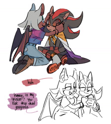 Size: 1280x1426 | Tagged: safe, artist:ffc1cb, rouge the bat, 2018, alternate outfit, bisexual, bisexual pride, clothes, cute, dialogue, duo, english text, eyeliner, female, nonbinary, nonbinary pride, nonbinary shadow, not shipping, pride clothes, rougabetes, shadowbetes, simple background, sitting, smile, speech bubble, talking, text, white background