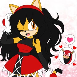 Size: 1024x1024 | Tagged: safe, artist:isaahvieiraa2010, honey the cat, mighty the armadillo, cat, hedgehog, 2026, abstract background, female, happy, heart, honey x mighty, long hair, looking at each other, male, pose, shipping, solo, sparkles, speech bubble, straight, wink