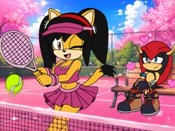 Size: 1448x1086 | Tagged: safe, artist:isaahvieiraa2010, honey the cat, mighty the armadillo, cat, hedgehog, 2026, ai background, alternate outfit, bench, clothes, daytime, duo, female, happy, heart, holding something, honey x mighty, looking at them, male, open smile, playing, shipping, sitting, smile, smiling at them, sparkles, sports, sports wear, straight, sun, tennis, tennis ball, tennis outfit, tennis racket